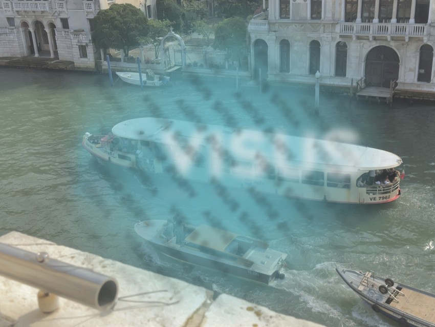 Boat ferry transport people canals venice italy top view